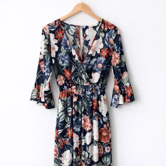 Floral Flounce Sleeve Boho Chic Maxi Faux Wrap Dress Cottagecore Coastal Small - Picture 9 of 11